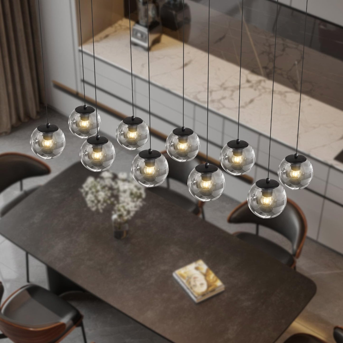 Ykolupty Rectangular Chandelier Smoke Gray Chandelier For Dining Room Large Chandeliers For High Ceiling 10-Lights Entryway Modern Lighting Fixture Globe Pendant Light For Living Room Foyer Hallway