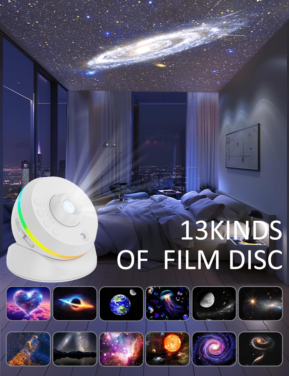 VanSmaGo Meteor Galaxy Projector 13-in-1 Starry Sky Night Light, White, ABS Material, for Kids Bedroom and Living Room Decor