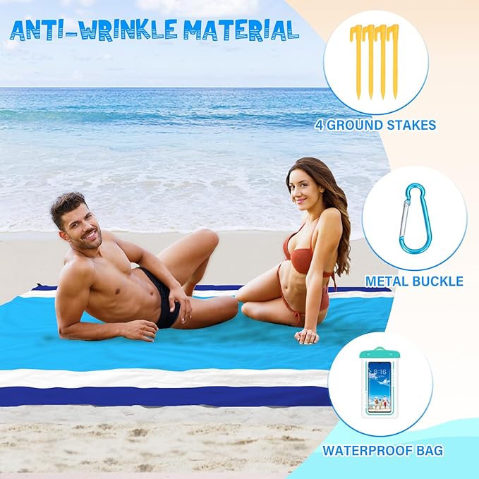 Beach Blanket Waterproof Sandproof 1-7 Adult Oversized 78 '' × 81 '' Lightweight Durable Compact Sand Free Beach Mat for Travel Camping Hiking Picnic Blanket
