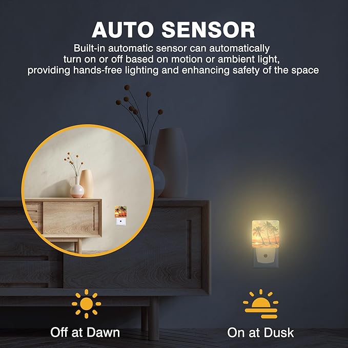 Palm Trees at Sunset Night Light, Beach Plug-in Nightlight with Dusk to Dawn Auto Sensor for Home Bedroom Hallway Kitchen 0.5W Sleep Friendly Led Lamp for Women Men