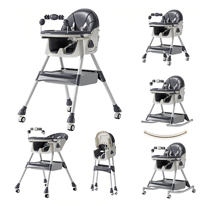 PU Leather Baby High Chairs with Rocking Mode, Foldable Multi-Functional Baby Eating Chair with Adjustable Backrests and Heights, High Chair with Wheels and Double Trays（560 Grey）