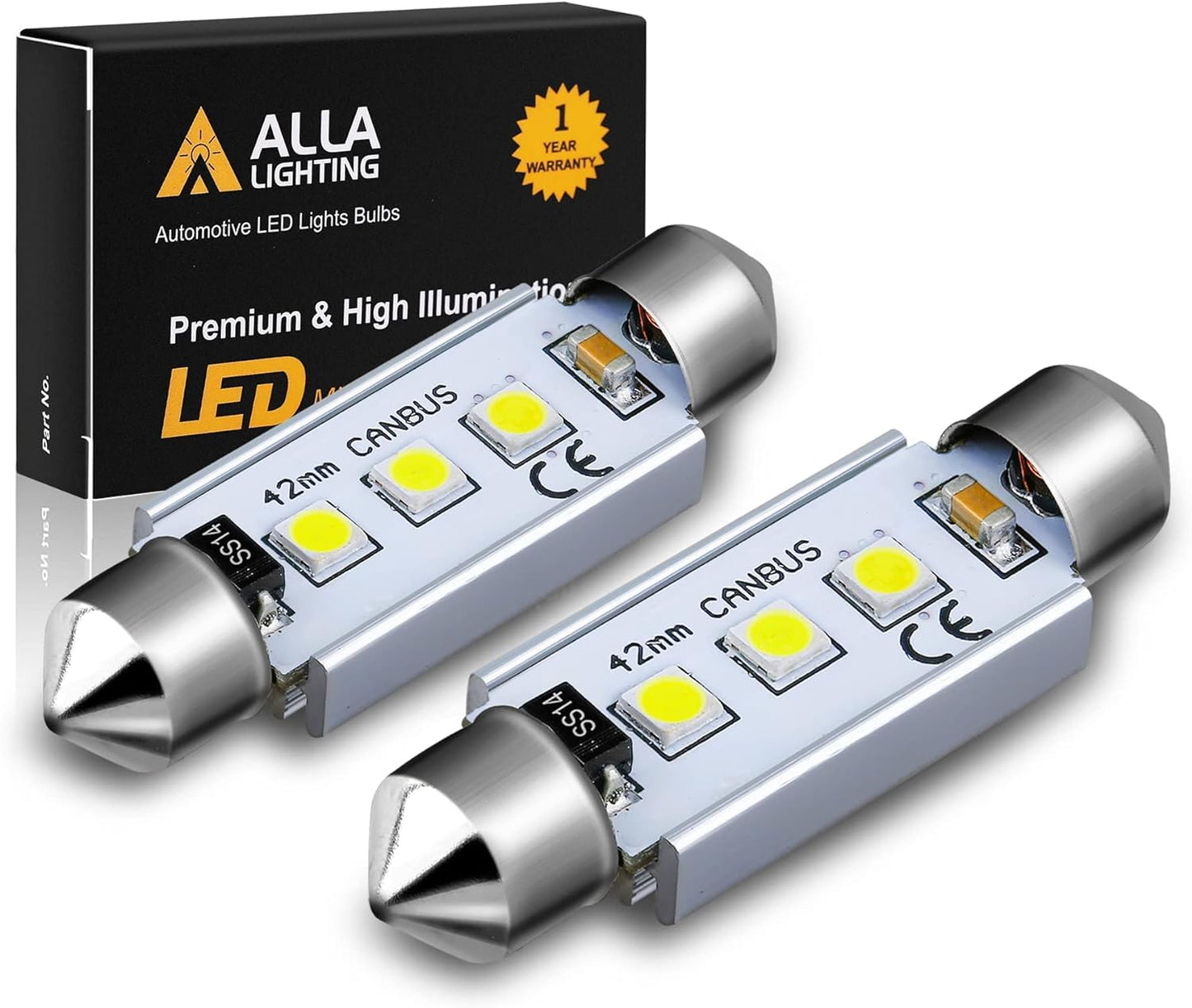 Alla Lighting 41MM/42MM CANBUS LED Bulbs, 6000K Xenon White, 2pc, Model 42mm-3030-3W for Dome, Trunk