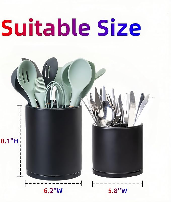 Kitchen Utensil Holder Extra Large Rotating For Counter Organizer Stainless Steel Storage Cooking Silverware Caddy 3 Compartment Flatware Spoon Spatula Tool Cutlery Container（2 Set Black）