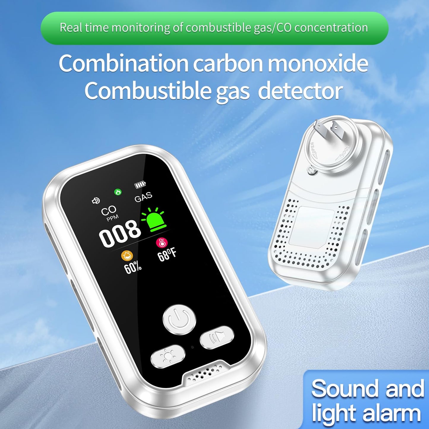 HAKINAKU 4IN1 Plug in Natural Gas & Carbon Monoxide Detectors Combination Builti-in 2000 mAh Backup Battery HD Screen [Propane Methane Gas CO Temp Humidity Sensor] Alarm for Home Hotel RV (White)