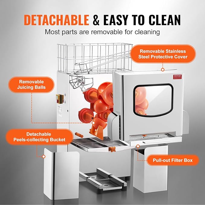 VEVOR Commercial Orange Juicer Machine, 120W Automatic Juice Extractor, Stainless Steel Orange Squeezer 20 Oranges/Minute, with Pull-Out Filter Box, Stainless Steel Cover, 2 Peel Collecting Buckets