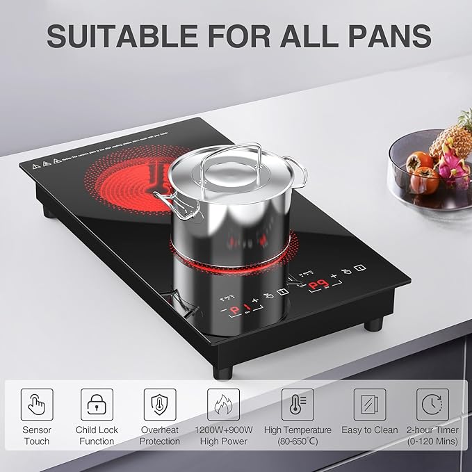 12" Electric Induction Cooktop - 2 Burner 110V Stove Top - Infrared Heating, Built-in Double Burner Cooktop with 20 Temperature Settings, Compatible with All Cookware