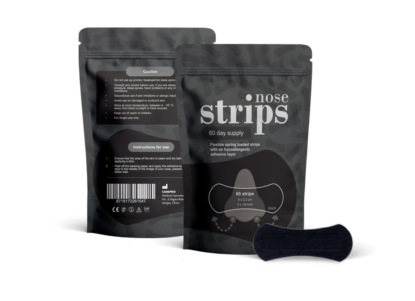 Nasal Strips (60 ct) for Breathing - Nose Strips for Sports - Anti Snoring Solution & Nasal Congestion Relief Nose Tape for Sleeping - Universal Fit, Extra Strength for Sensitive Skin - Black