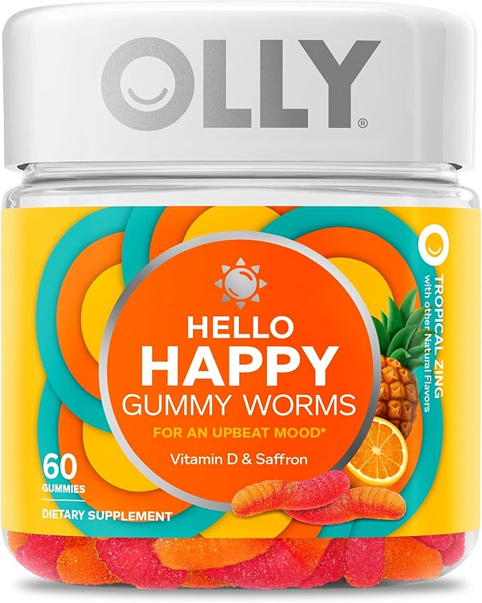 OLLY Metabolism Gummy Rings, Apple Cider Vinegar, Vitamin B12, Chromium & Hello Happy Gummy Worms, Mood Balance Support, Vitamin D, Saffron, Adult Chewable Supplement