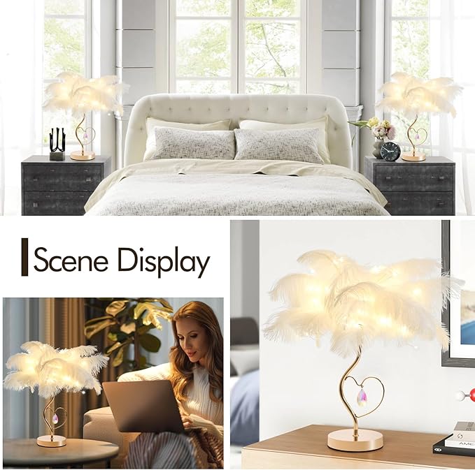 White Ostrich Feather Lamp Princess Fluffy Bedside Lamp Romantic Feather Table Lamp Nightstand Light for Girl Bedroom Wedding Decor Valentine Dating Living Room Hotel Office