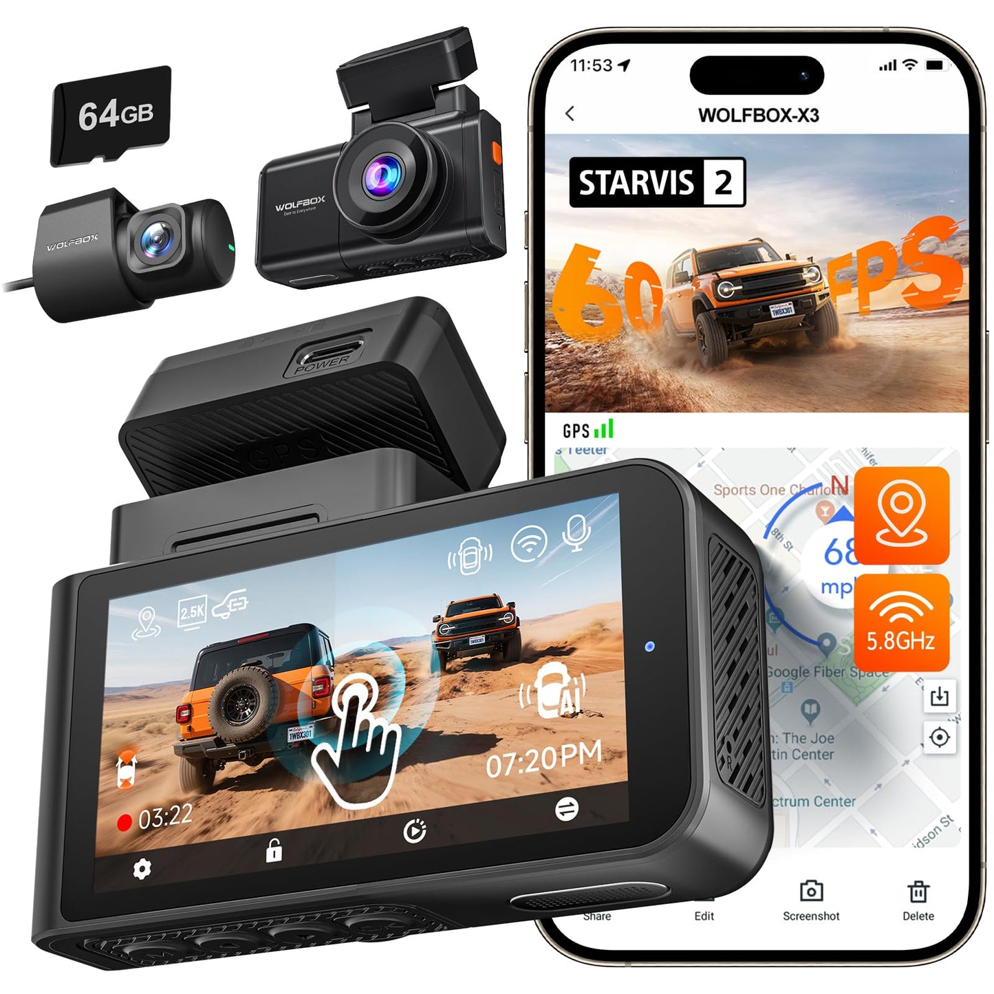 Wolfbox X3 2.5K 1440P 60Fps Dash Camera, Starvis 2 Imx675 With Adas, 1440P+1080P Dual Dashcam Front And Rear Camera With Built-I