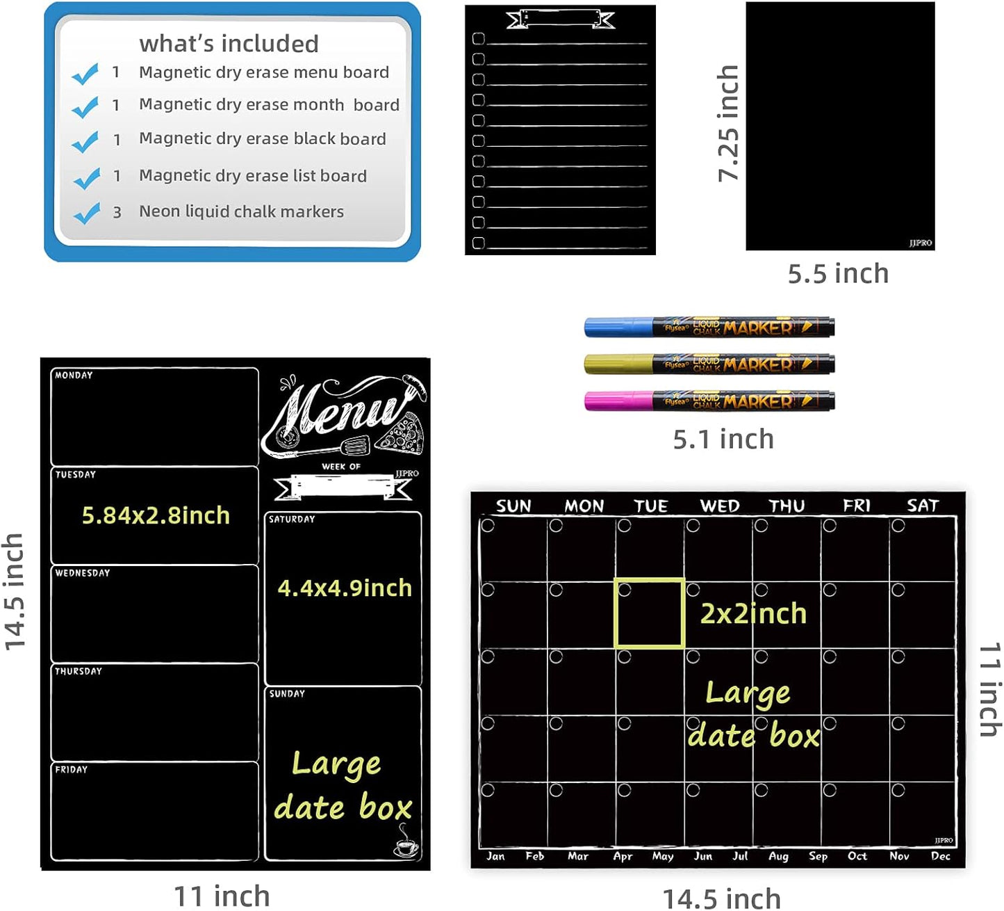 Magnetic Chalkboard Monthly Calendar - Weekly Meal Planning Blackboard Combo Set with Neon Bright Liquid Chalk Markers - Bonus Grocery List and Notepad Blackboard for Refrigerator Included