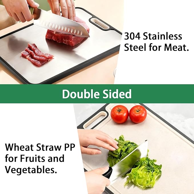 Cutting Board for Kitchen,304 Steel + Wheat Straw PP,Double-Sided Stainless Steel Cutting Boards,Easy to Clean,Non Slip with Handle,Dishwasher Safe,Size 15.1 x 10.4 Inch 1Pcs