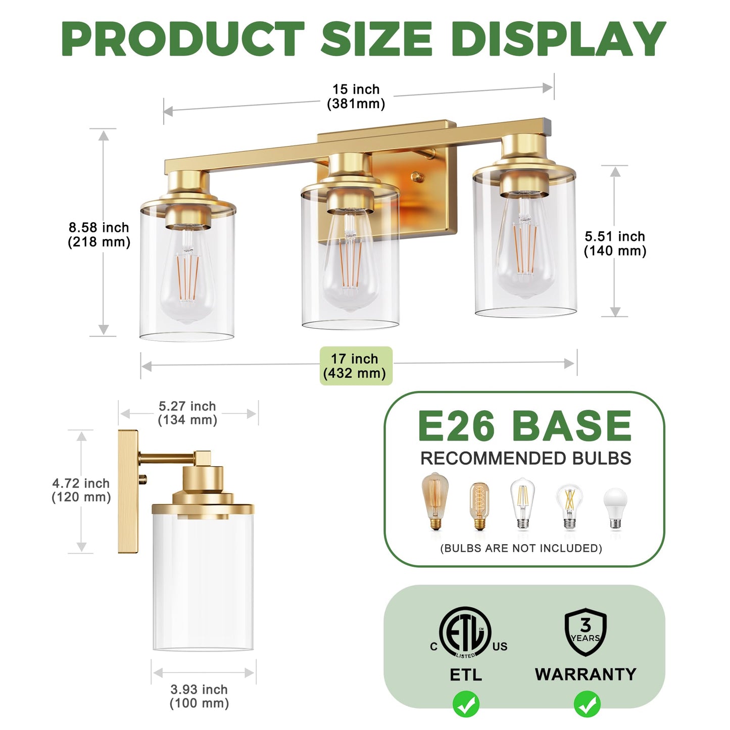Doresshop 17 Inch Bathroom Light Fixtures  3-Light Copper Bathroom Lighting Fixtures Over Mirror With Clear Glass Shade  Vanity Lights For Living Room Bedroom