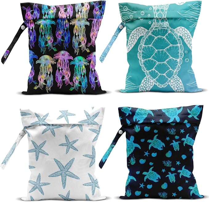 4 Pack Wet Bag for Swimsuit, Beach Travel Essentials Wet Dry Bag, for Sunscreen Toiletry Dirty Clothes Yoga Gym Diaper, Friend Summer Beach Vacation Gifts. Starfish, sea turtles, jellyfish
