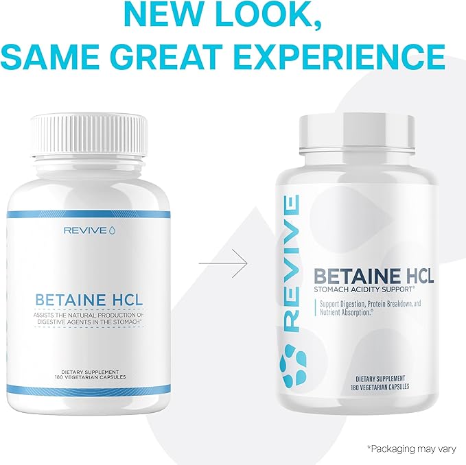 Revive MD Betaine HCL with Pepsin Digestive Enzymes, 180 Vegetarian Capsules - Betaine Hydrochloride Supplement Supports Healthy Digestion & Nutrient Absorption - Helps with Stomach Acid Levels