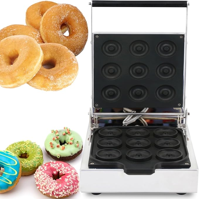 OBong Electric Donut Maker Commercial 9 Holes Mini Doughnut Machine Mini Donuts Maker with Cool Touch Handle Non-Stick Coating for Bakeries Restaurant Snack Bars,1600W, 220V, silvery