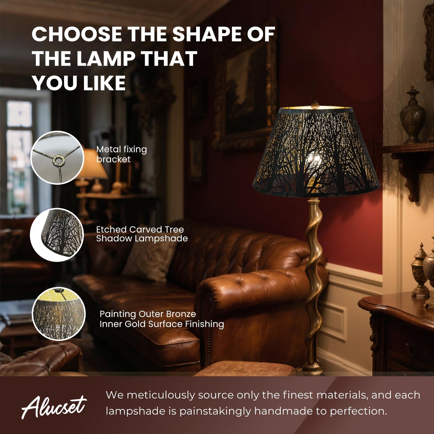 Metal Lamp Shade  Alucset Barrel Lampshade With Pattern Of Trees Lampshades For Table Lamp  Metal Lamp Shades 7 Top X 13 Bottom X 7.8 High Spider Fitter  Bronze Gold