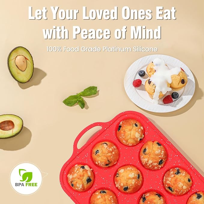 Silicone Muffin Pans for Baking, with Metal Reinforced Frame, Dishwasher Safe BPA Free Nonstick Silicone Cupcake Pan 12 Cups for Baking Homemade Muffins, Cupcakes - 2 Pack