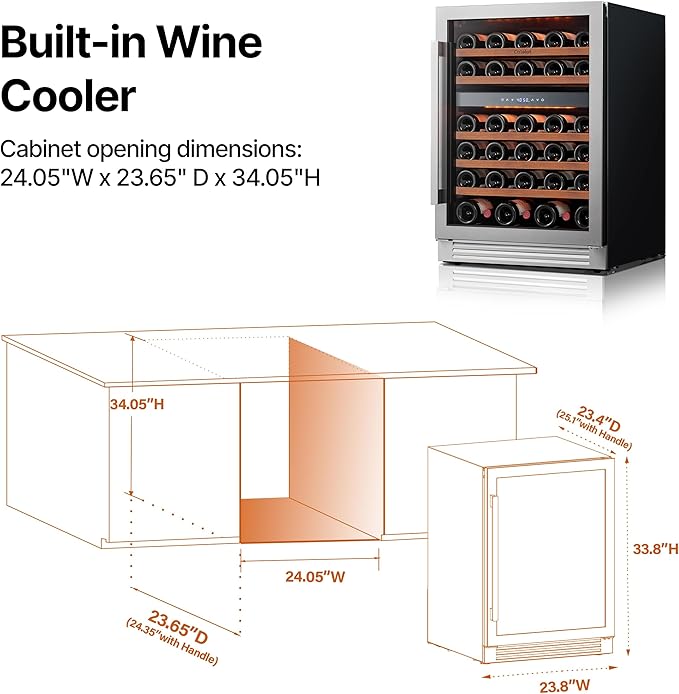 Ca'Lefort 24 Inch Wine Fridge Cooler - 52 Bottles Dual Zone Cooler with Glass Door, 3 LED Built-in Compressor Fridge with Adjustable Shelves for Home Office Bar (5.65 cu.ft)