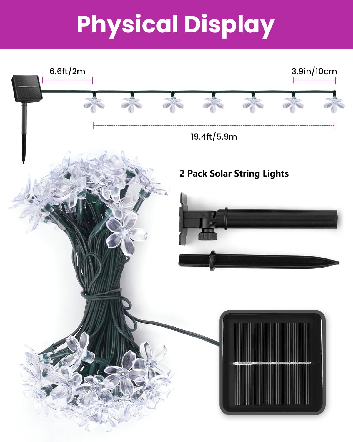 Brightown Solar String Lights, 120 LED Fairy Lights, 52FT, 2 Pack, Waterproof for Garden, Yard, Patio, Pink