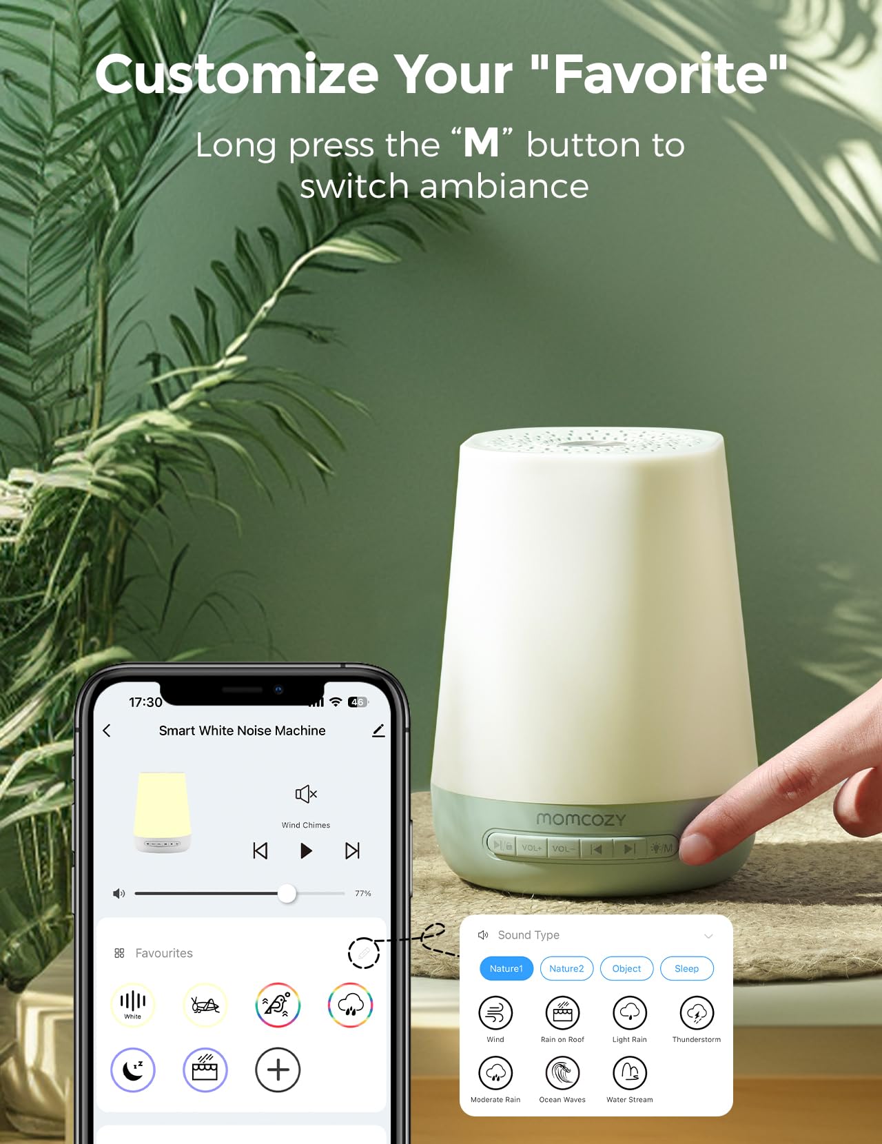 Baby Sound Machine, Momcozy White Noise Machine for Baby Sleeping with Night Light, Toddler Sleep Trainer with 34 Soothing Sounds, Timer, App Remote Control, Personal Sleep Routine(Green)