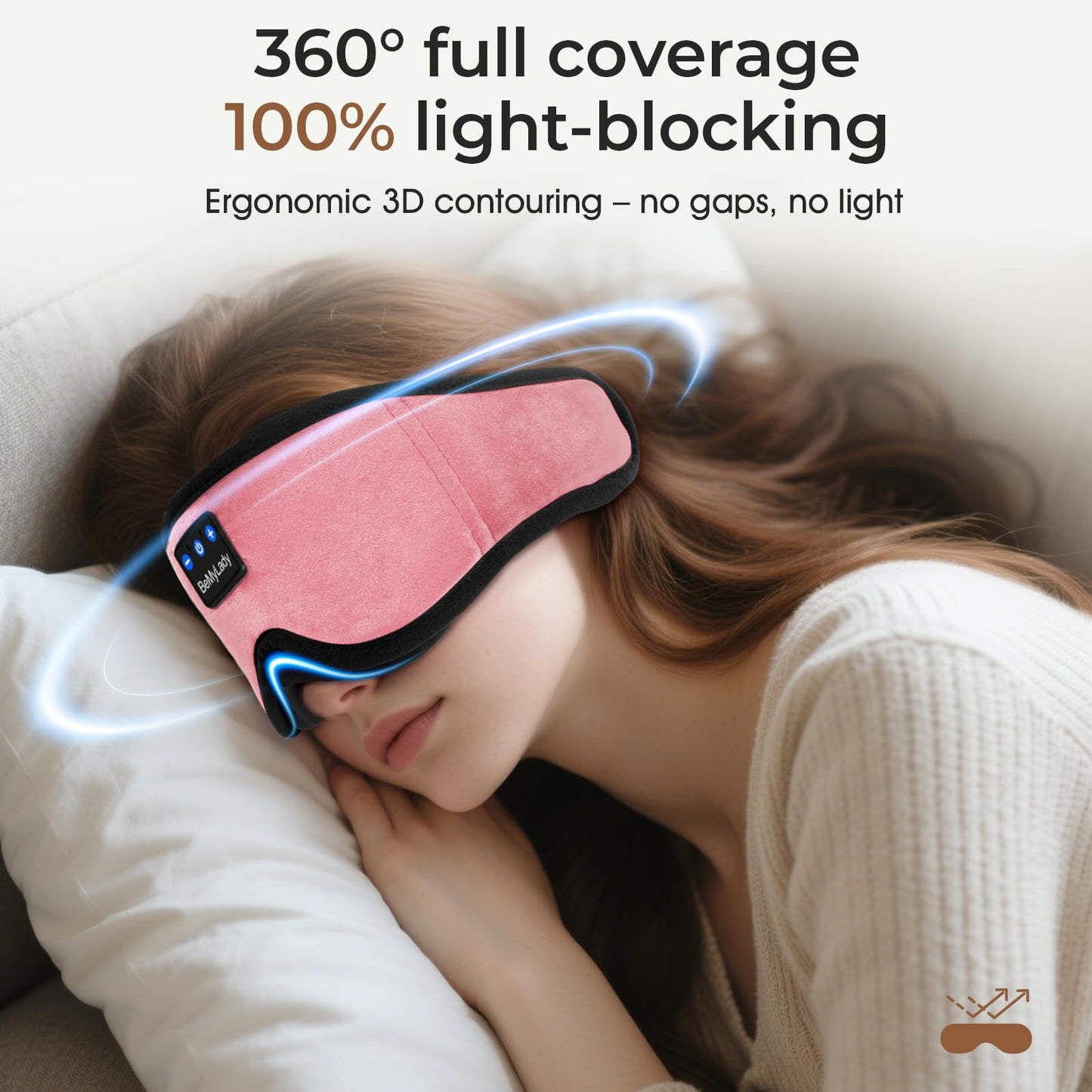 BeMyLady Sleep mask Headphones,100% Blackout 3D Zero Eye Pressure Bluetooth Sleep mask Breathable Eye mask with Bluetooth Headphones Sleep Headphones for Side Sleepers, 14H Playtime&Bluetooth 5.4 Pink