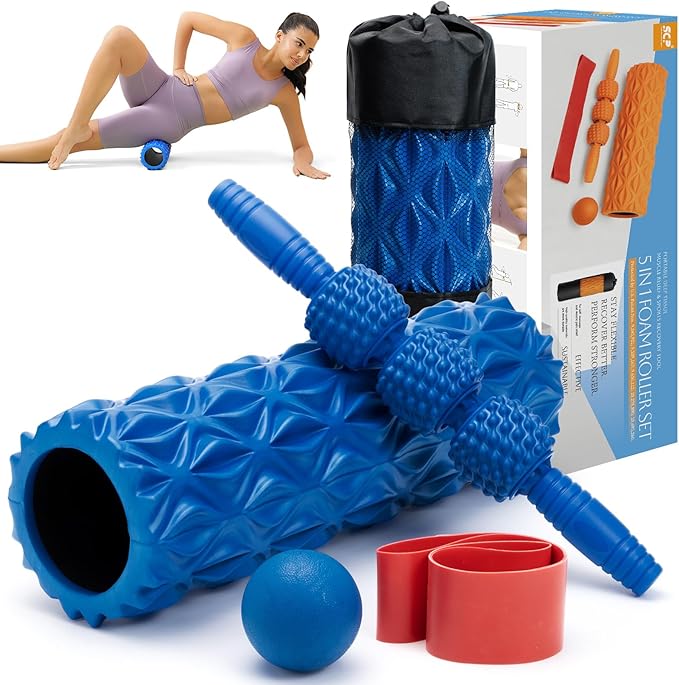 5 in1 Foam Roller Set, Trigger Point Foam Roller, Massage Roller Stick, Massage Ball, Resistance Band for Deep Muscle Mass...