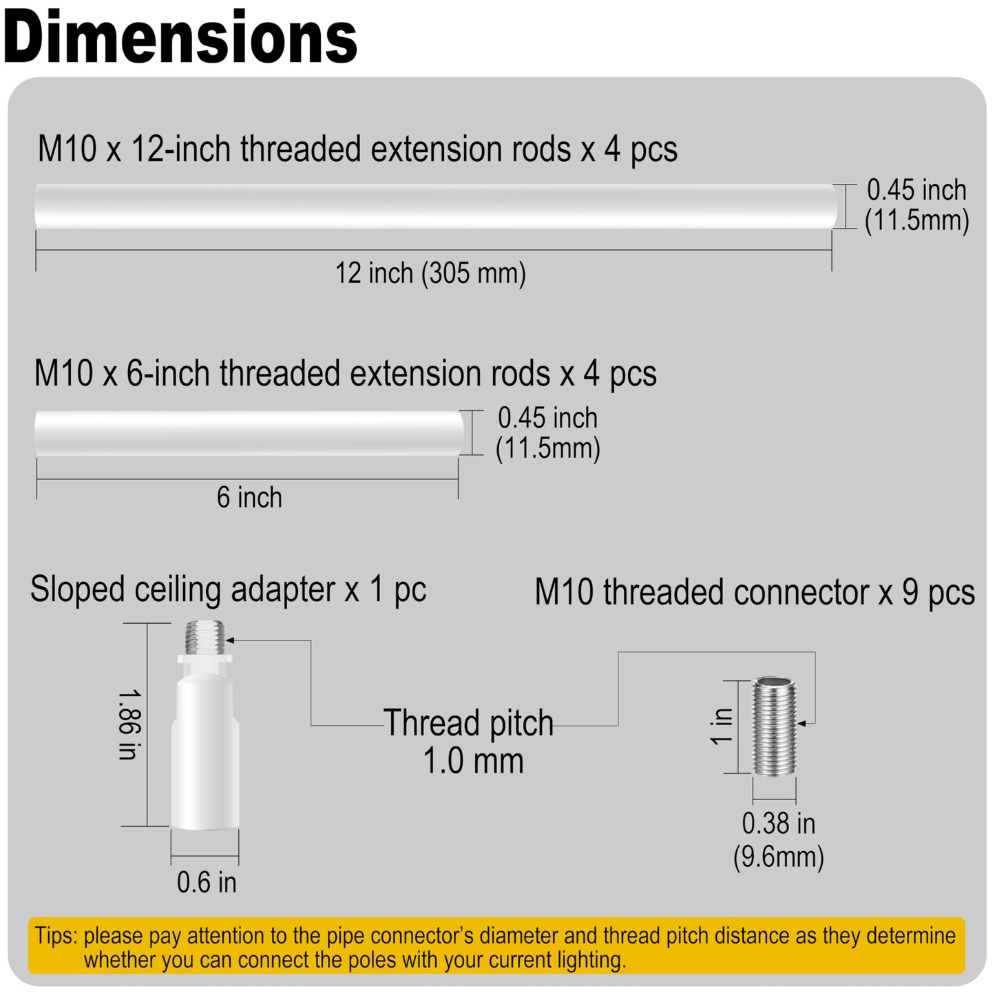 8 Pieces M10 Threaded Extension Poles Lighting Fixture Downrods Stems & 180 Degrees Sloped Ceiling Adapter Kits For Pendant Light  Island Lighting  Chandeliers (White)
