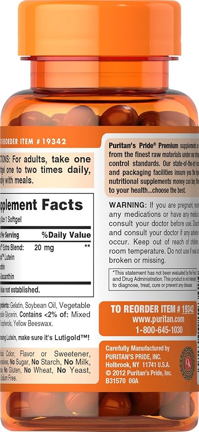 Puritan's Pride Premium Healthy Eyes Lutigold Extra Lutein with Meso-Zeaxanthin and Zeaxanthin for Men and Women, Vision Health Support, 2 Month Supply, 60 Easy-to-Swallow Rapid Release Softgels