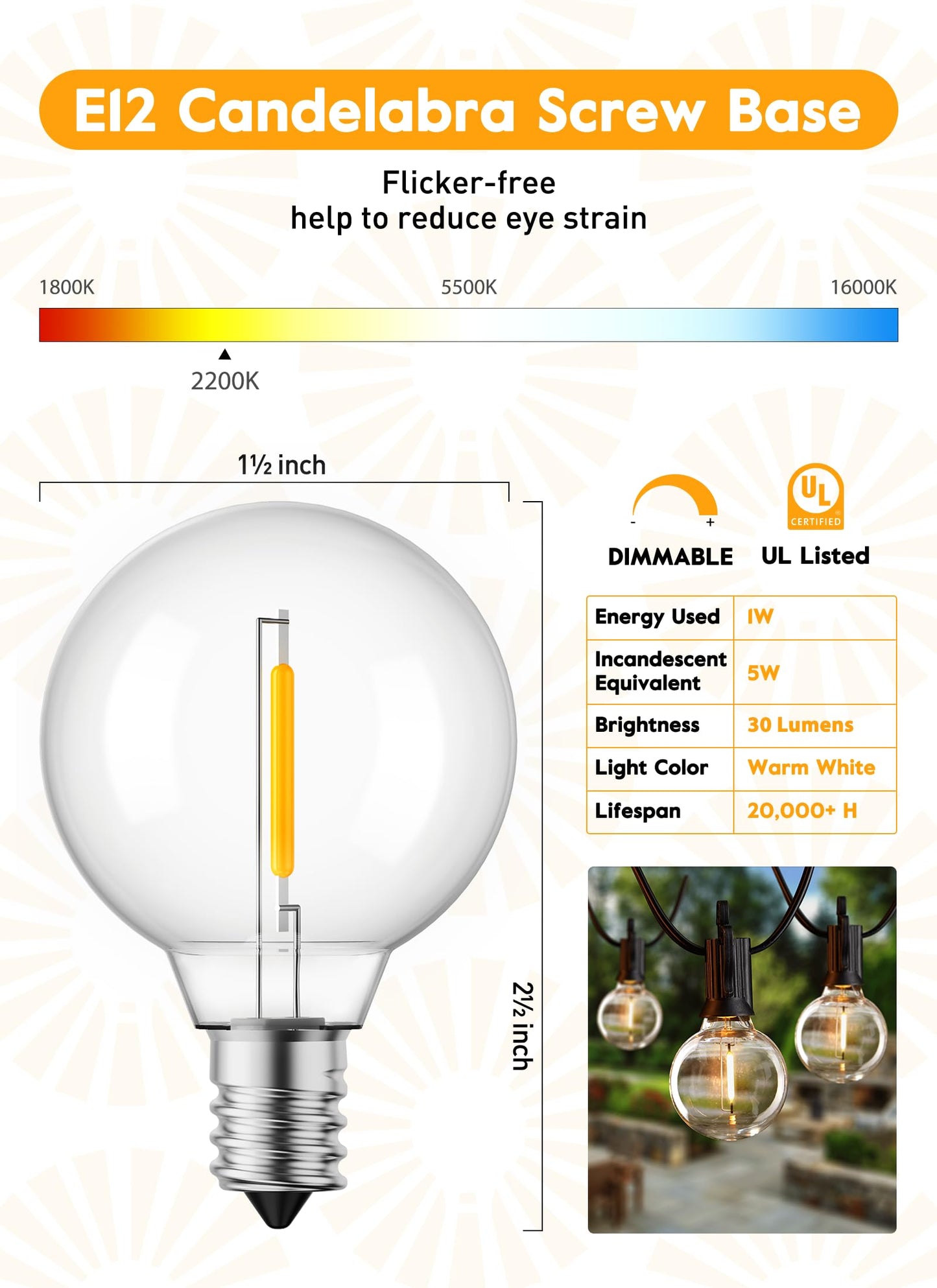 Brightown G40 LED Bulbs, Dimmable Shatterproof Plastic, 50 Pack, Warm White, E12/C7 Base