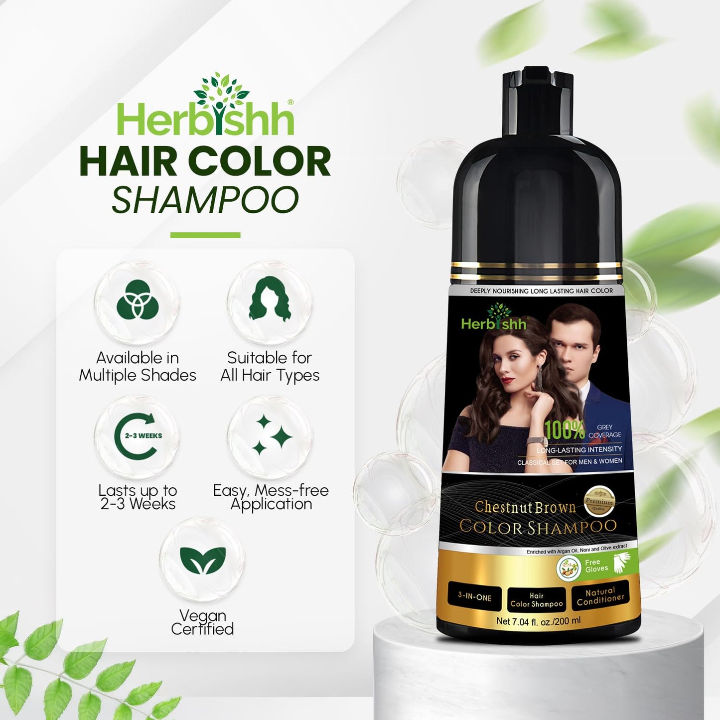 Herbishh Chestnut Brown Shampoo, Hair Dye Shampoo 3 in 1, 100% Grey Coverage, Demi-Permanent Hair Color for Men & Women, Long-la