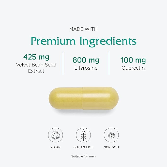 Vitanica Dopamine Assist, Dr Formulated Dopamine Supplement, L-Tyrosine, Mucuna Pruriens Neurotransmitter Mood Support, Vitamin B6, Folate, Green Tea Extract Quercetin Vegan, 60 Capsules