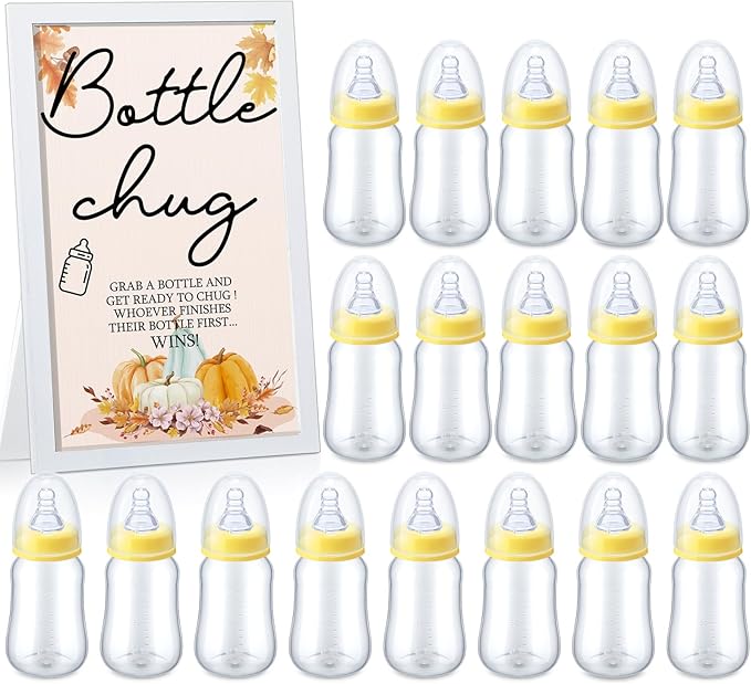 Roowest Bottle Chug Baby Shower Game - Fall Pumpkin Theme, Wooden Sign and 18 Yellow Baby Bottles for Gender Reveal Party Supplies