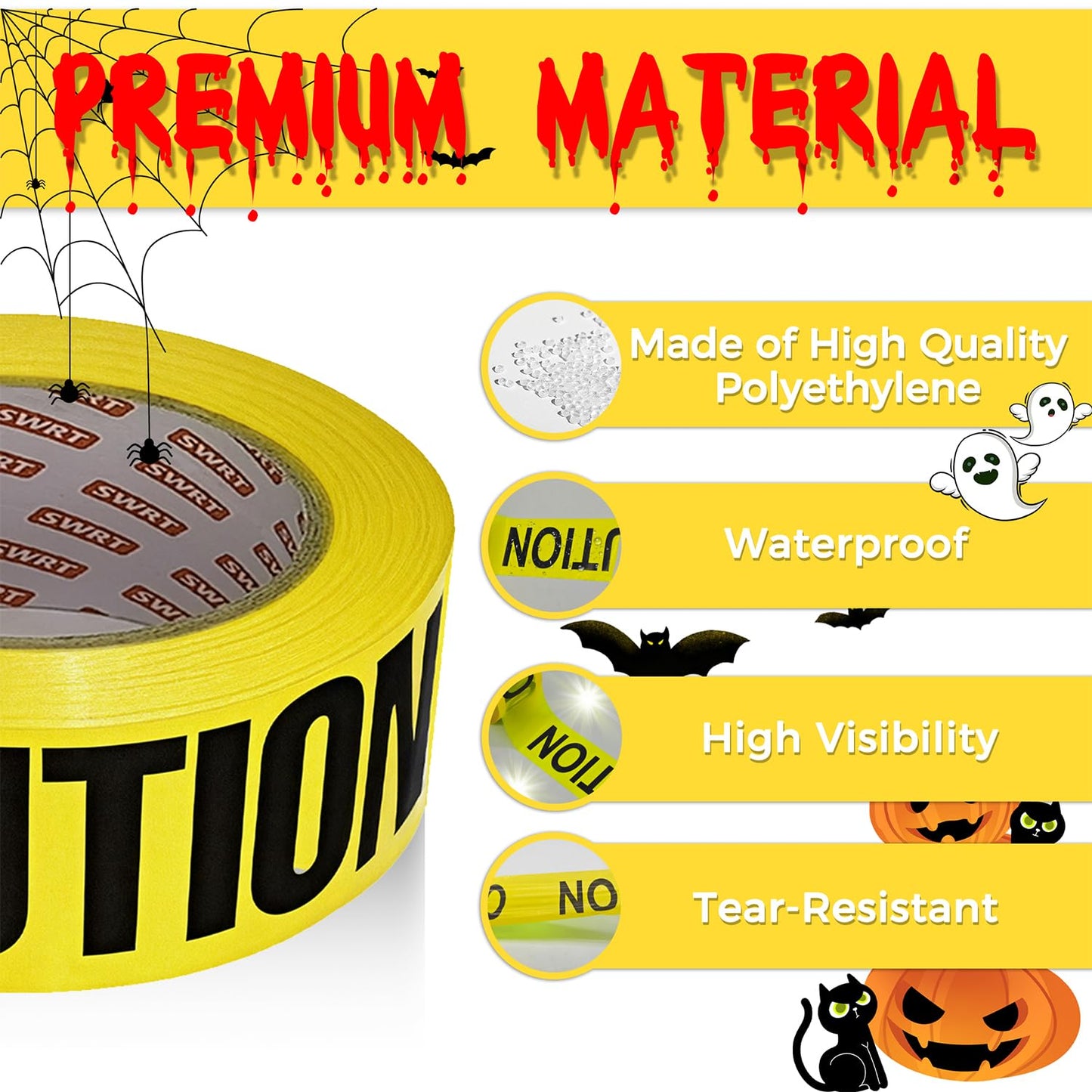 SWRT 2 Rolls Premium Yellow Caution Tape, 3 Inch x 1000FT(Total 2000FT) Bright Hazard Tape with Bold Black Text for Danger Zones/Sporting Events, Construction Tape for Crime Scenes/Halloween Decor