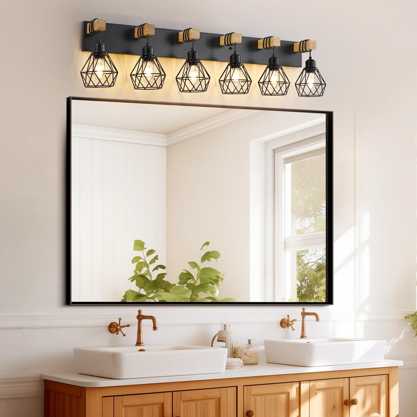 Farmhouse Vanity Light For Bathroom  6-Light Wood Bathroom Vanity Light Fixtures Over Mirror  Rustic Sconces Wall Lighting With Metal Lampshade For Living Room  Bedroom  Hallway