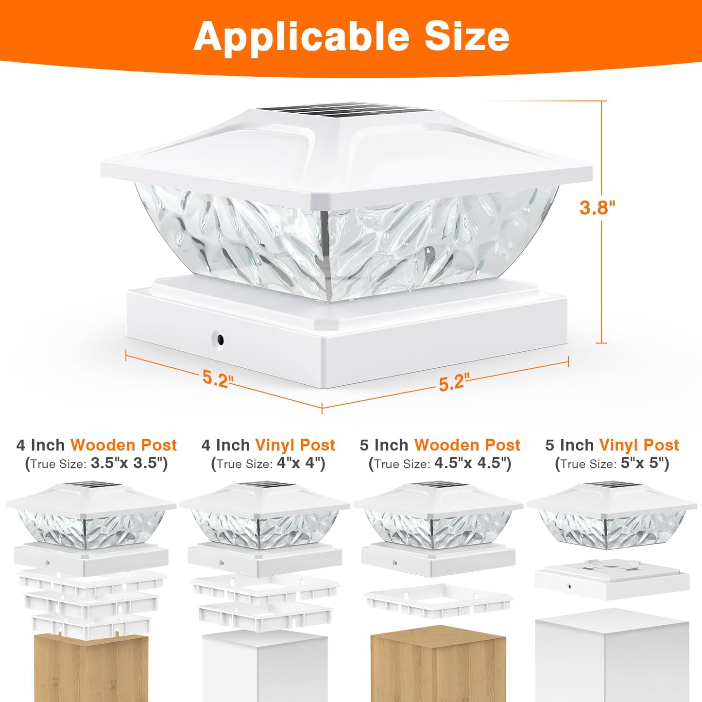Ensli Solar Post Cap Lights - Waterproof 2 Mode Outdoor Deck Lights, 2 Pack, White, Fits 4X4, 4.5X4.5, 5X5