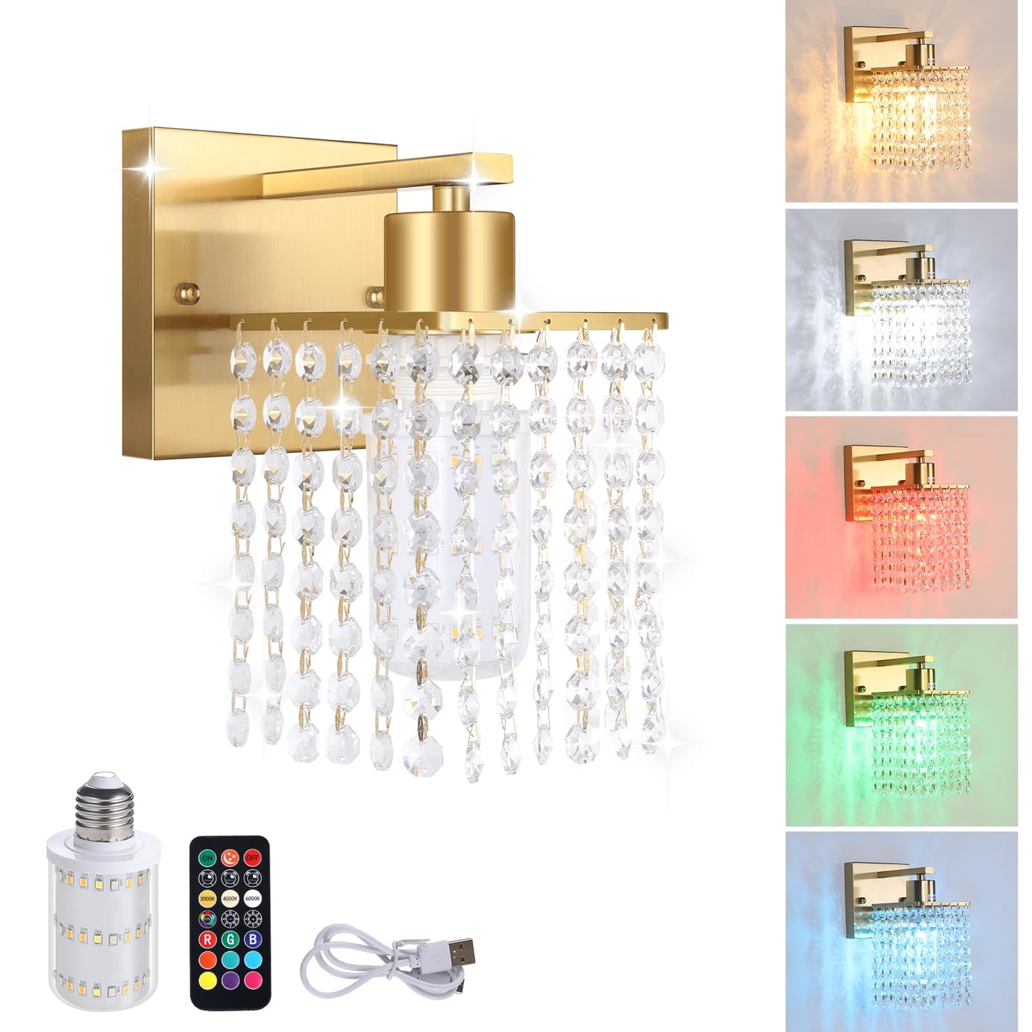 Shenmoyl Wall Sconce, Rechargeable 5200mAh Battery, Remote Control, Modern Dimmable Light, 1 Light Size, Clear-Gold Base