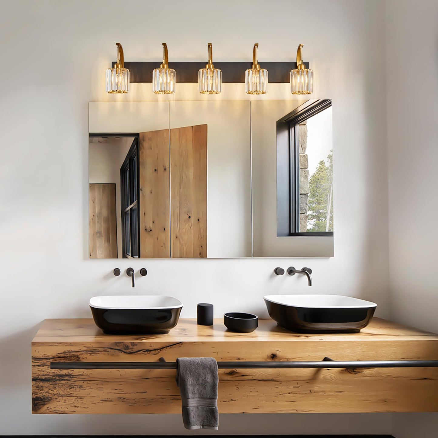 Fdpby 5-Light Crystal Vanity Light  Modern Black Gold Bathroom Wall Sconce With K9 Crystal Shades  42.51 Long Over Mirror Lighting For Vanity  Makeup  Hallway  Elegant & Easy Installation