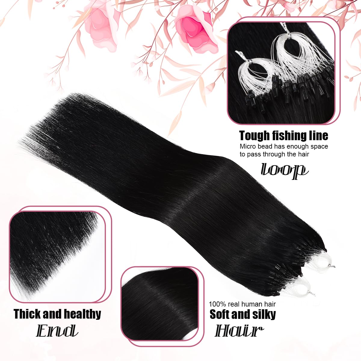 Kpvxxve Micro Loop Hair Extensions 16 Inch Jet Black Microlink Hair Extensions Human Hair 1g/Strand 50g Micro Beads Hair Extensi