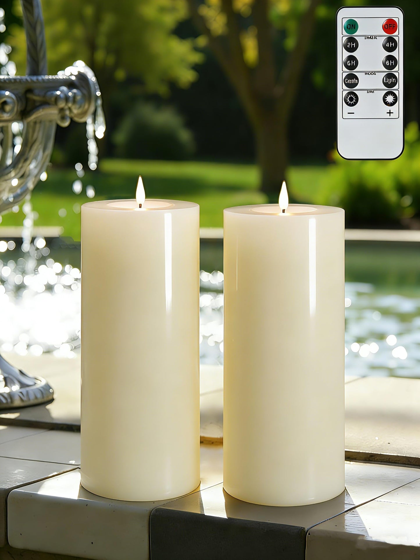 Gmnee 4"x8" Outdoor Waterproof Flameless Candles with Remote and Timers, LED Candles, Battery Operated Candles, Electric Fake Pillar Candles for Patio Porch, and Lanterns Decor (Ivory)
