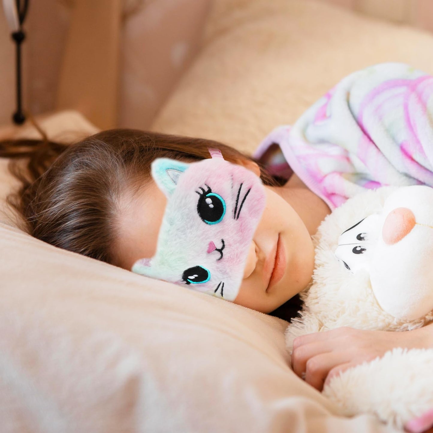 Gjinxi Sleep Mask for Kids, 2 PCS Soft Plush Sleeping Eye Mask, Funny Blindfold Sleep Eye Cover, Cute Animal Sleeping Eye Shade, Night Eyeshade Cover for Toddler Boys Girls Women Men(Cat)