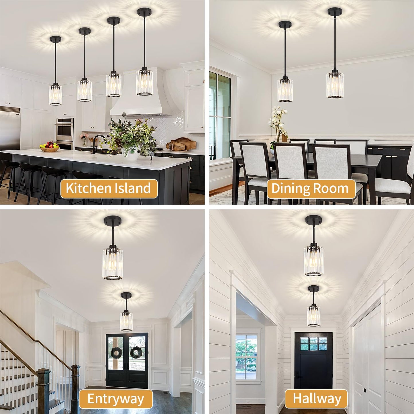Zsmihdoh 2 Pack Black Pendant Light  Modern Crystal Pendant Lights Kitchen Island Lighting  Hanging Light Fixtures Mini Chandelier Pendant Lights For Island Dining Room Hallway Bedroom
