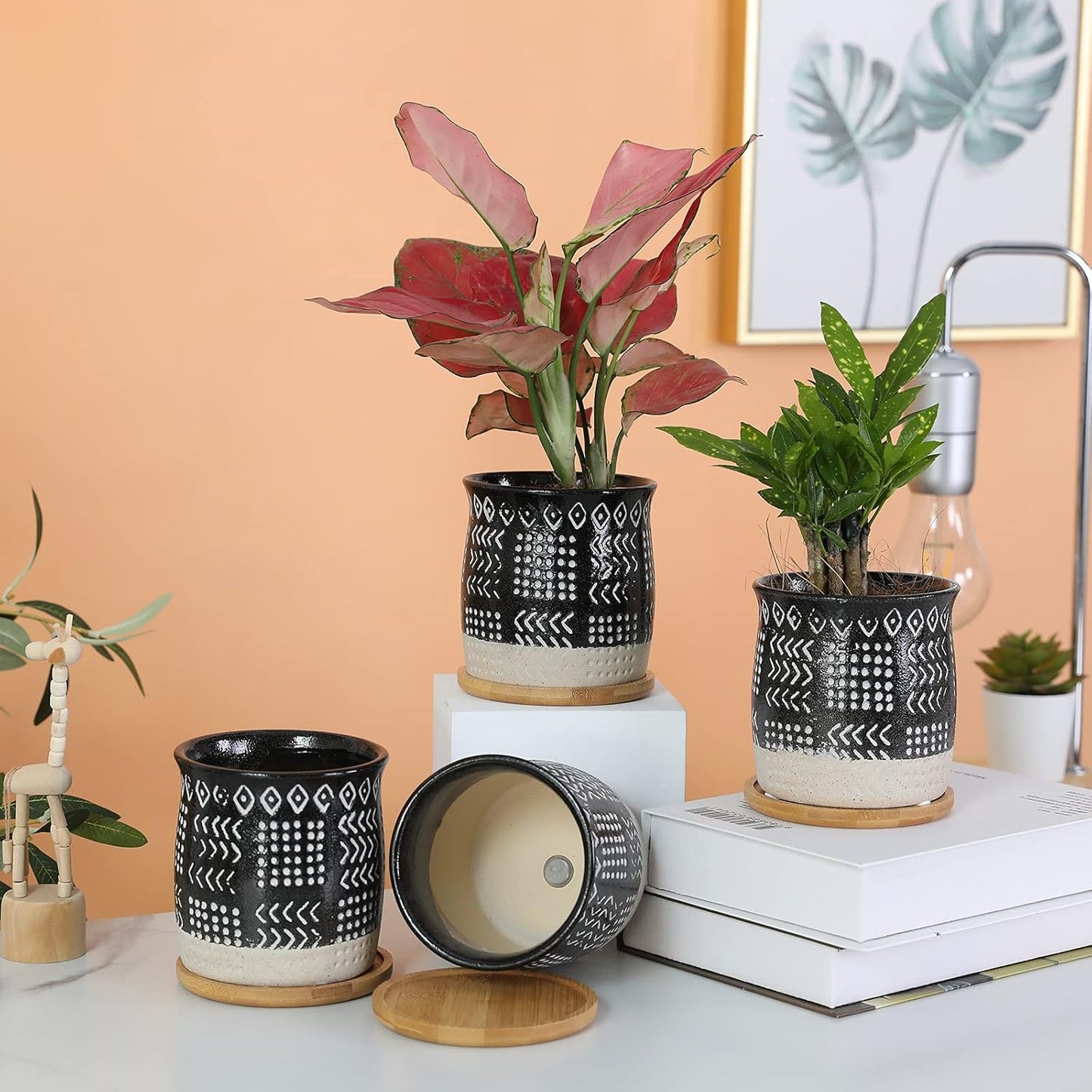OMAYKEY 4 Inch Ceramic Plant Pot with Tray, Retro Black Small Planters Pots with Drainage Hole & Mesh Pads for Succulent, Indoor Flowers, Snake Plants, Cactus, Herbs, Aloes - 4 Packs