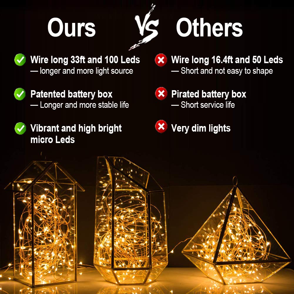 MUMUXI Fairy Lights String Lights, 33 Ft, 100 LED, Battery Operated, Waterproof, Warm White, Set of 4