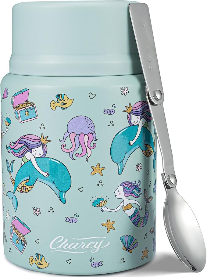 Charcy 17oz Thermo for Hot Food, Soup Thermo Food Container for Lunch Box with Folding Spoon ZB - Cyan Mermaid