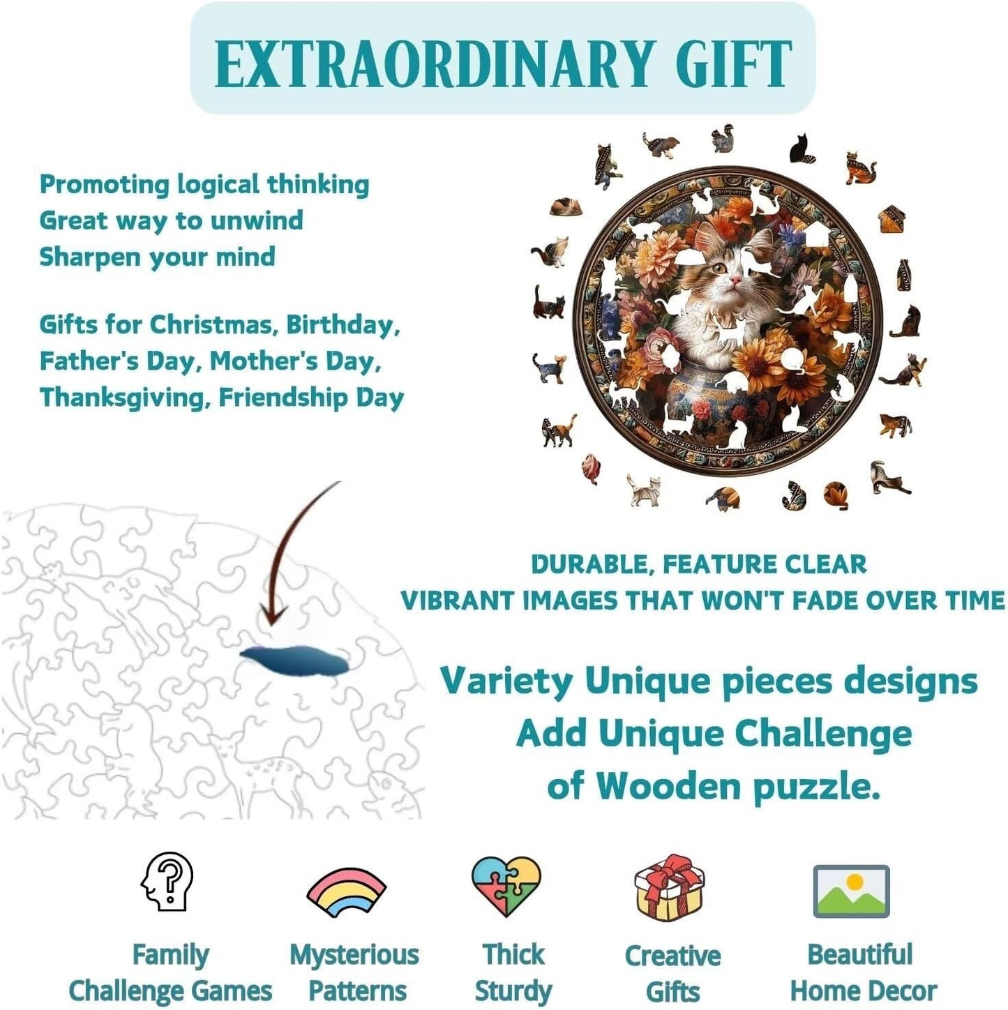 Wooden Puzzles Adults, Beautiful Tricolor Cat Wooden Puzzles 200 Pieces, Unique Animal Shaped Wood Challenging Jigsaw Puzzles Gifts for Adults, 11.4x11.4in