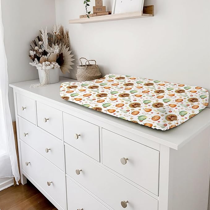 Thanksgiving Turkey Pumpkins Baby Changing Pad Covers for Boy Girl 32''x16'' Fall Turkey Maple Leaves Autumn Floral Fitted Change Table Mats Soft Breathable Nursery Diaper Changing Table Sheets