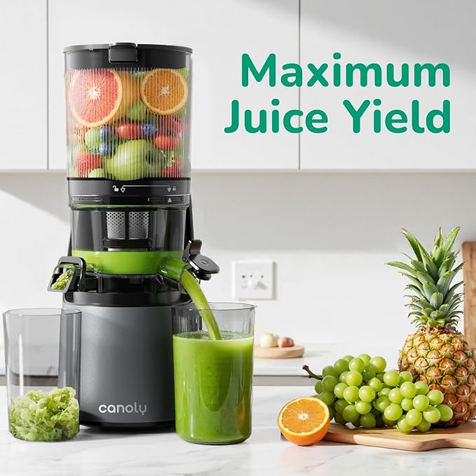 Canoly C16 Cold Press Juicer, with a 6" Wide Chute & Self-Precut, 3-in-1 Strainers (Juice & Sorbet & Nut Milk), BPA-Free Construction, Powered by a AC Brushless Motor (Space Gray)