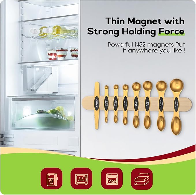 Magnetic Measuring Spoons Set with Strong N45 Magnets, Heavy Duty Stainless Steel Metal, Fits in Most Kitchen Spice Jars for Baking & Cooking, BPA Free, Multicolor, Set of 8 with Leveler(Gold)
