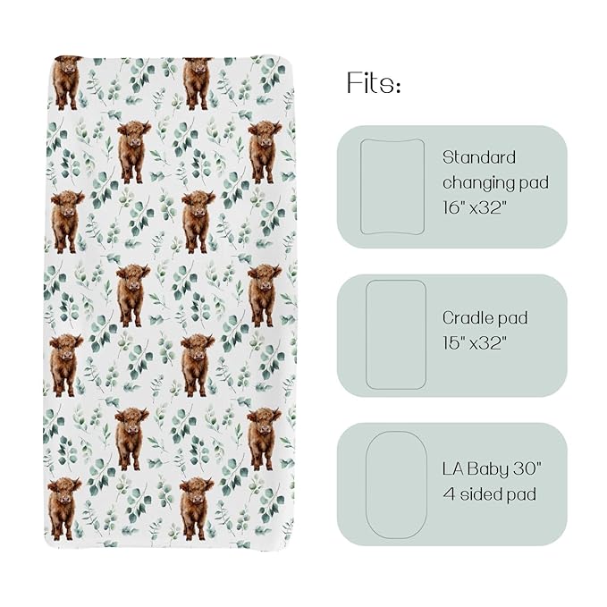 HawSkgFub Highland Cow Eucalyptus Leaf Changing Pad Cover for Baby Girl Boy, Natural Western Farm Animal Diaper Change Table Covers, Soft Stretchy Safe Snug Fitted Changing Mat Sheet Fit 32"/34" x 16"